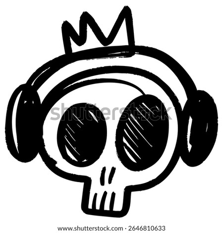 Hand drawn black and white doodle illustration of a cartoon skull wearing headphones and a crown. This stylized vector artwork represents music, street style, and creative expression.