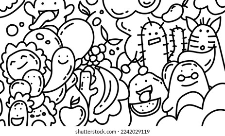 hand drawn black and white doodles character for children coloring