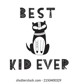 Hand drawn black and white drawing with Scandinavian wolf and slogan in doodle style. Vector illustration design for fashion fabrics, textile graphics, prints.