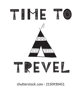 Hand drawn black and white drawing with Scandinavian house and slogan in doodle style. Vector illustration design for fashion fabrics, textile graphics, prints.