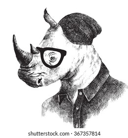 Hand drawn black and white dressed up rhino in hipster style