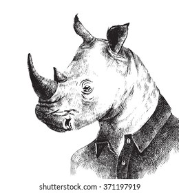 Hand drawn black and white dressed up rhino in hipster style