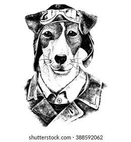 Hand drawn black and white dressed up dog aviator