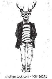 Hand drawn black and white dressed up hipster deer - vector illustration 