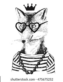 Hand drawn black and white dressed up fennec in hipster style