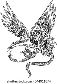 Hand drawn black and white eagle with snake. Vector