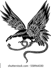 Hand drawn black and white eagle with snake. Vector