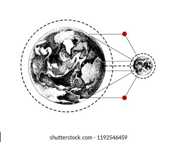 Hand drawn black and white Earth and Moon tattoo sketch. Vector illustration in vintage style