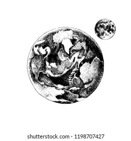 Hand drawn black and white Earth and Moon. Vector illustration in vintage style