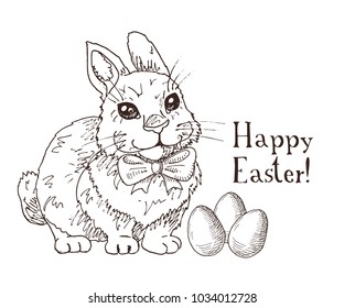 Hand drawn black and white easter gift card with funny rabbit with the bow tie and easter eggs. Greate holiday.