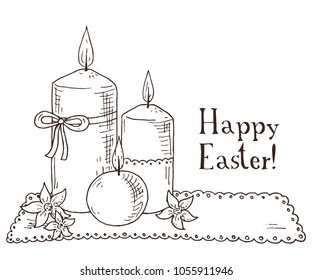 Hand drawn black and white easter gift card with candles and flowers. Greate holiday doodle vintage illustration