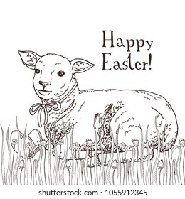 Hand drawn black and white easter gift card with funny lamb and painted eggs in the grass. Greate holiday doodle vintage illustration