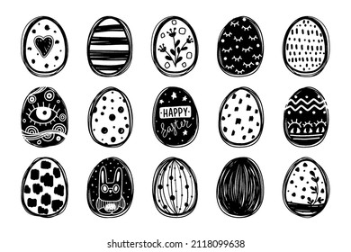 Hand drawn black and white eggs set isolated on white background.  Happy Easter vector illustration. Creative abstract drawings on Easter eggs. Сan be used as graphic elements for your design
