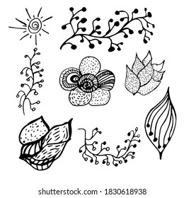 Hand drawn black and white elements for design. Ink drop. Vector. Outline. Simple. Set