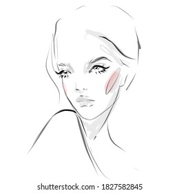 Hand drawn black and white fashion woman face sketch illustration.