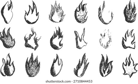 Handgezeichnete schwarz-weiße Flammensymbole mit unterschiedlichen Texturen und Stilen auf weißem Hintergrund.