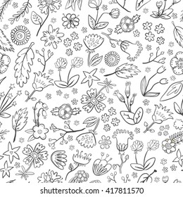 Hand drawn black and white flower decorative vector abstract seamless