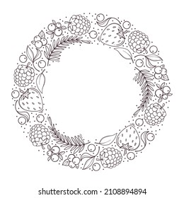Hand drawn black and white fruit and berries wreath isolated on white background