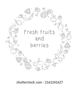 Hand drawn black and white fruit and berries wreath isolated on white background