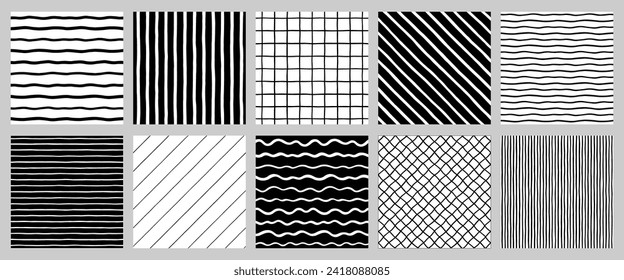 Hand drawn black white geometric seamless regular patterns set. Doodle, uneven artistic lines, diagonal pinstripes, stripes, bars, streaks, waves. Check, plaid, striped square backgrounds collection.