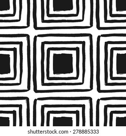 Hand drawn black and white geometric seamless repeat pattern. Monochrome wet brush strokes texture.