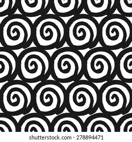 Hand drawn black and white geometric seamless repeat pattern. Monochrome wet brush spiral strokes texture.