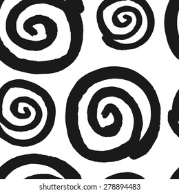 Hand drawn black and white geometric seamless repeat pattern. Monochrome wet brush spiral strokes texture.