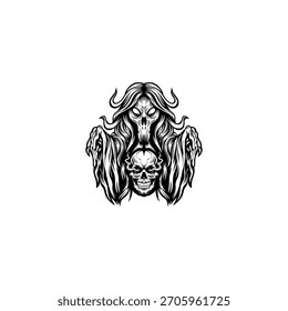 Desenhado à mão preto e branco cabeça fantasma ilustração