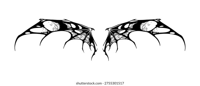 hand drawn black and white gothic bat wings illustrations, dark art element perfect for tattoo, streetwear design