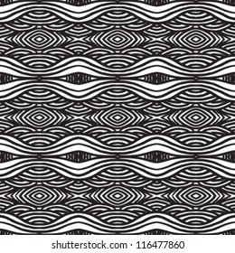 hand drawn black and white graphic picture of geometric background, wavy seamless vector pattern texture
