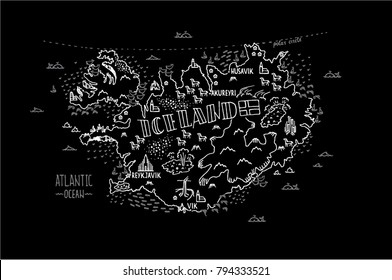 Hand drawn black, white and gray vector illustration of the map of Iceland with doodle symbols and lettering.