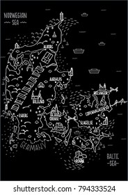 Hand drawn black, white and gray vector illustration of the map of Denmark with doodle symbols and lettering.