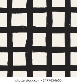 Hand drawn Black and White Grid seamless pattern. Distorted abstract geometric background with bold lines and grunge texture. Repeat vector illustration