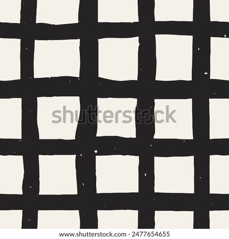 Hand drawn Black and White Grid seamless pattern. Distorted abstract geometric background with bold lines and grunge texture. Repeat vector illustration