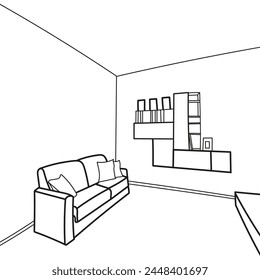 Hand drawn black and white guest room design sketch