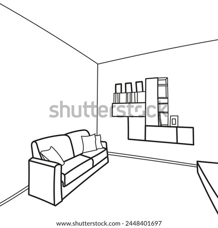 Hand drawn black and white guest room design sketch