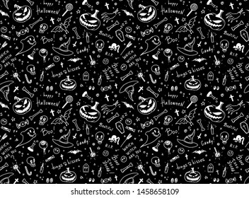 Hand drawn black and white Halloween seamless pattern design for card, fabric or wrapping paper with jack o lantern pumpkins, traditional symbols and handlettering. Vector illustration.