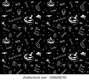 Hand drawn black and white Halloween seamless pattern design for card, fabric or wrapping paper with jack o lantern pumpkins, traditional symbols and handlettering. Vector illustration.