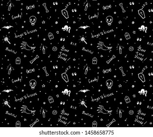 Hand drawn black and white Halloween seamless pattern design for card, fabric or wrapping paper with traditional spooky symbols and handlettering. Vector illustration.