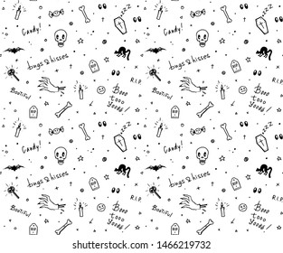 Hand drawn black and white Halloween seamless pattern design for card, fabric or wrapping paper with traditional spooky symbols and handlettering. Vector illustration.