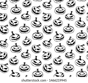 Hand drawn black and white Halloween seamless pattern design for card, fabric or wrapping paper with jack o lantern pumpkins. Vector illustration.