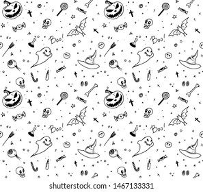 Hand drawn black and white Halloween seamless pattern design for card, fabric or wrapping paper with jack o lantern pumpkins, traditional symbols and handlettering. Vector illustration.