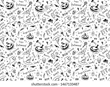 Hand drawn black and white Halloween seamless pattern design for card, fabric or wrapping paper with jack o lantern pumpkins, traditional symbols and handlettering. Vector illustration.