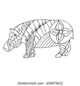 Hand drawn black and white Hippo. Hand drawn zentangle for coloring book page and for relax and meditation, adult antistress. Vector illustration. 