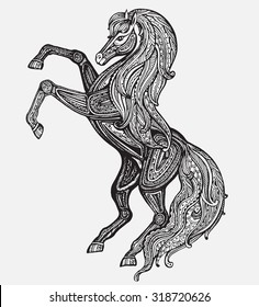 Hand drawn black and white horse with a lot of details in graphic style