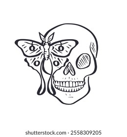 Hand drawn black and white human skull with luna moth in the eye isolated on white background. Monochrome skeleton head with butterfly desig