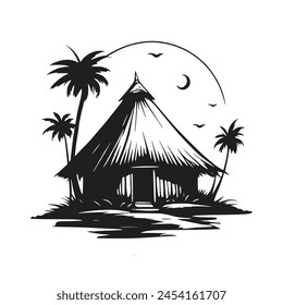 Hand drawn black and white hut with palms in tropics. Vector illustration. 