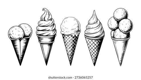 Dibujado a mano Conos de helado blanco y negro Colección Postre Dulce