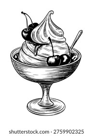 Hand Drawn Black and White Ice Cream Sundae with Cherries and Spoon dessert cherry
