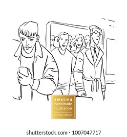 Hand drawn black and white illustration. People coming into subway
